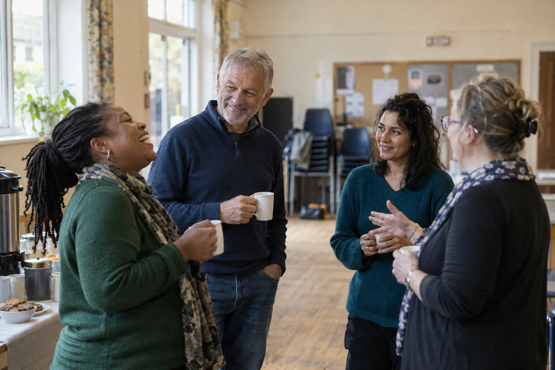 Four adults chatting informally over tea in a community hall