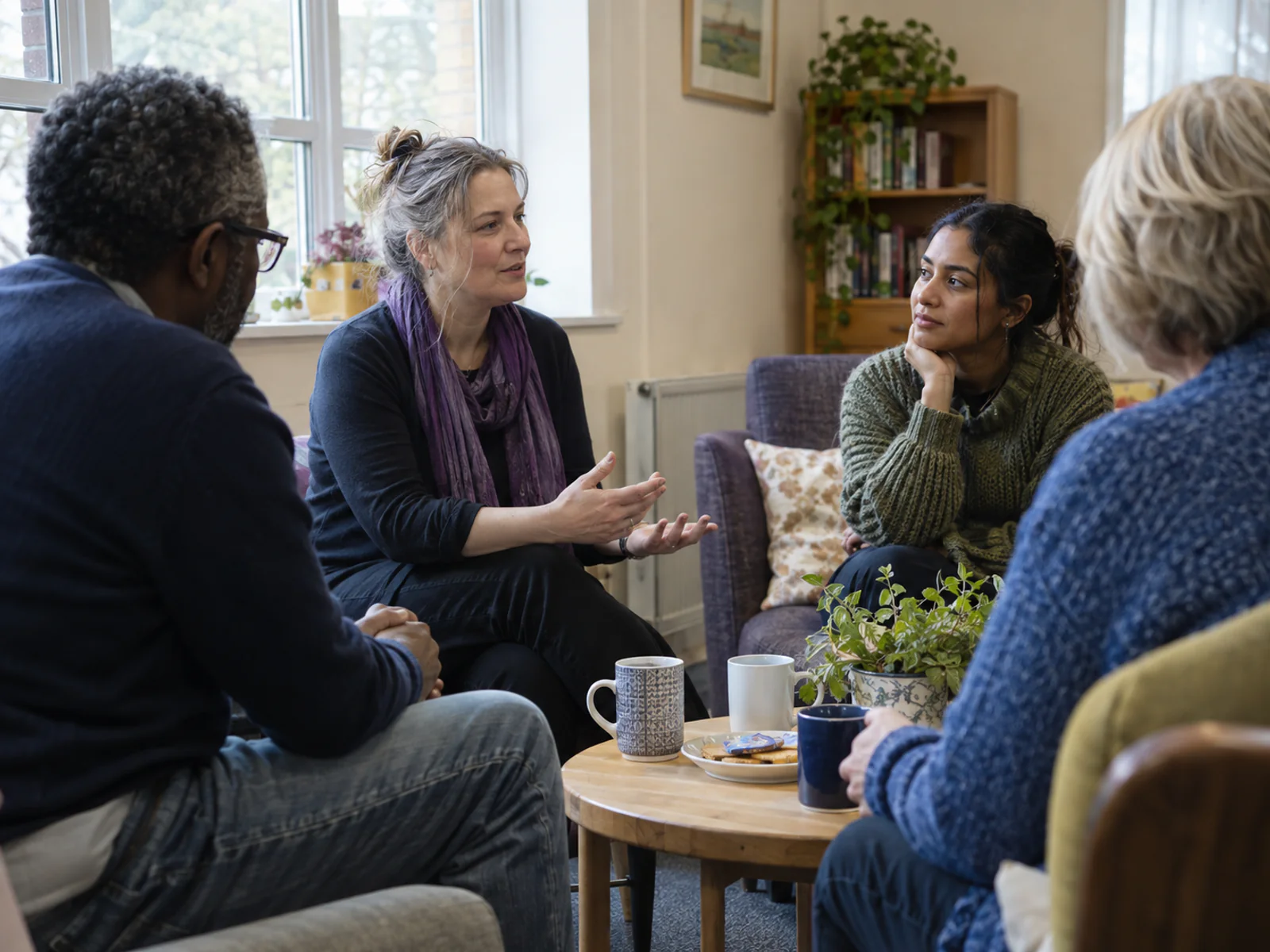 Four adults listening and talking in a relaxed peer support circle