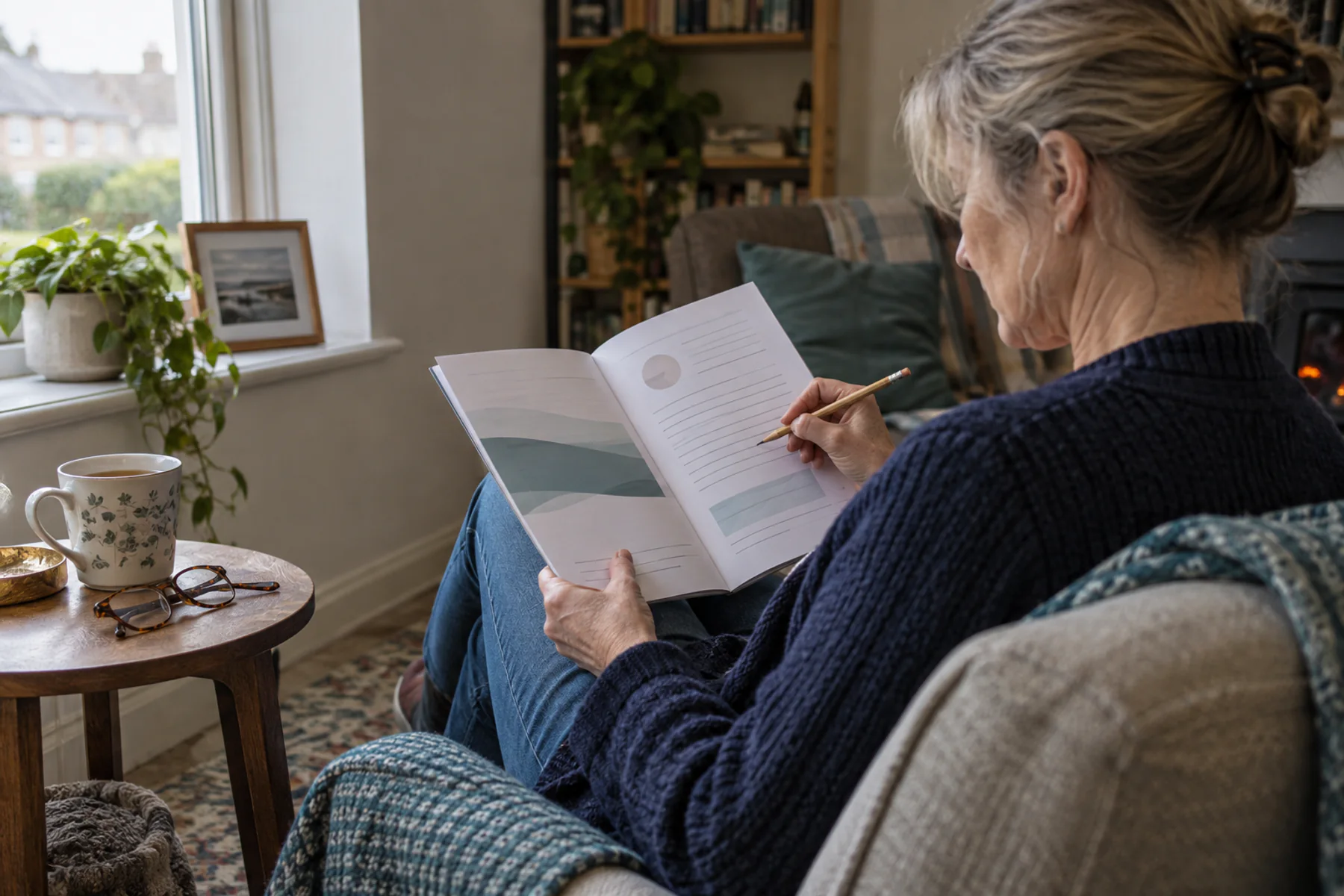 A woman reading and annotating a printed guide at home