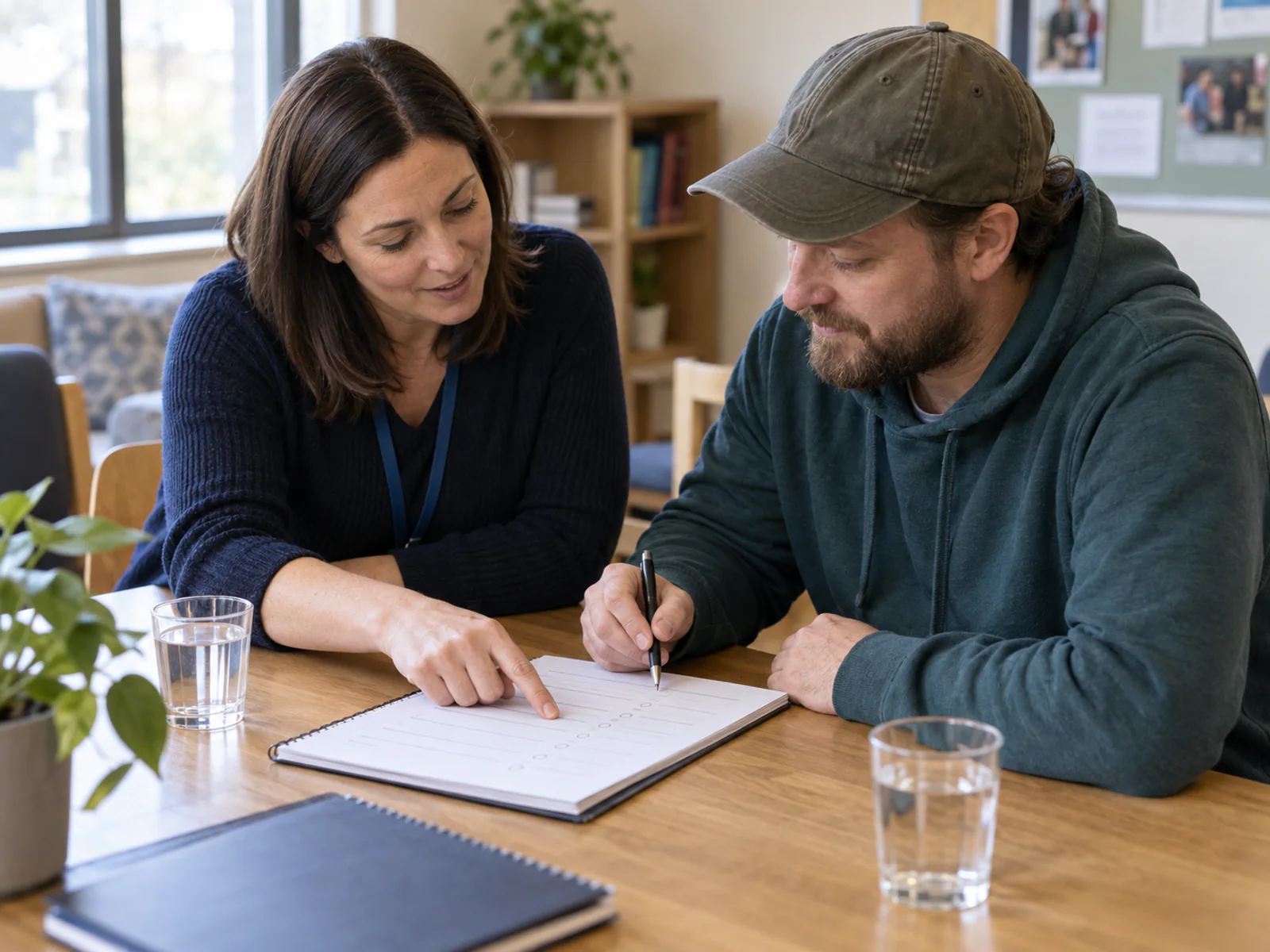 An employment adviser and participant planning manageable next steps together