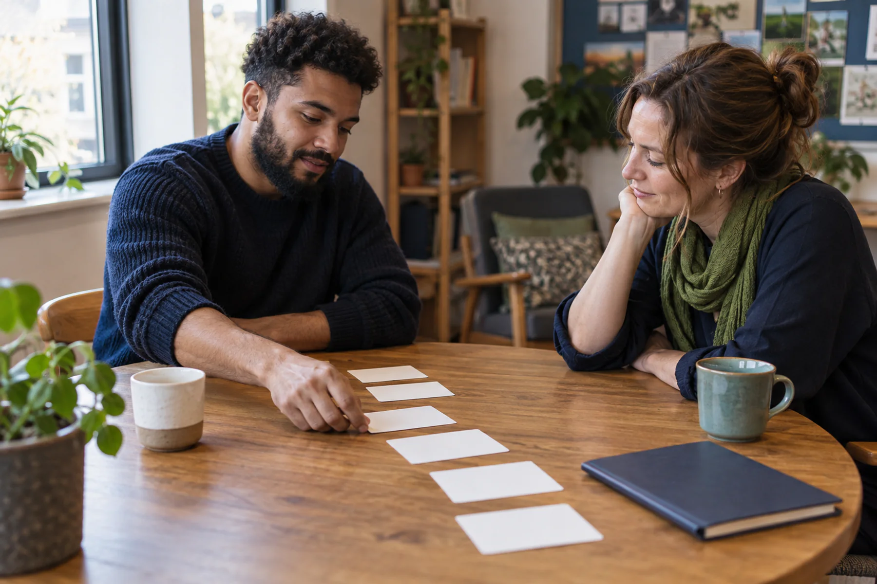 A participant and mentor arranging the stages of a support roadmap