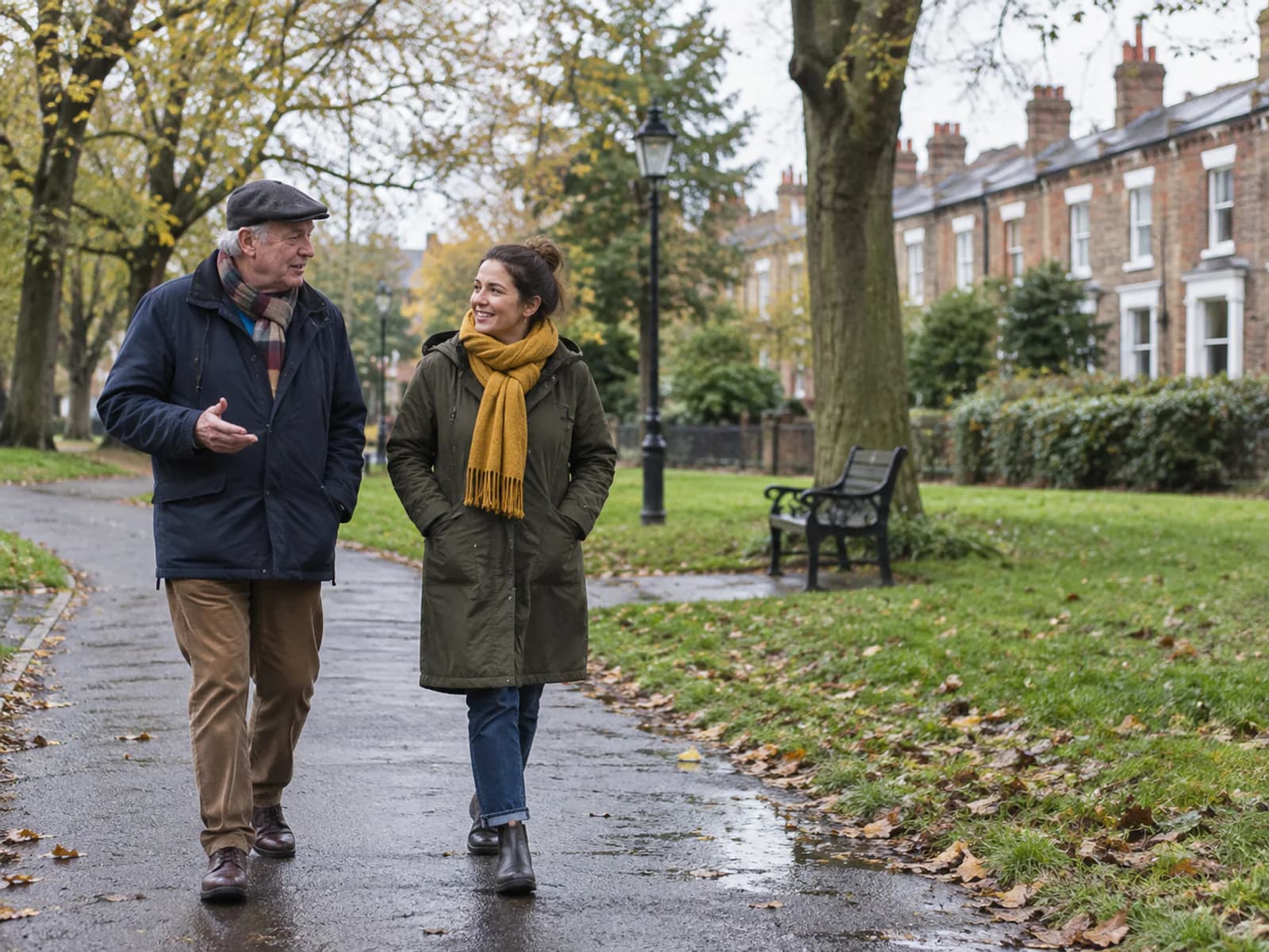 Two volunteers walking and talking on a neighbourhood park path