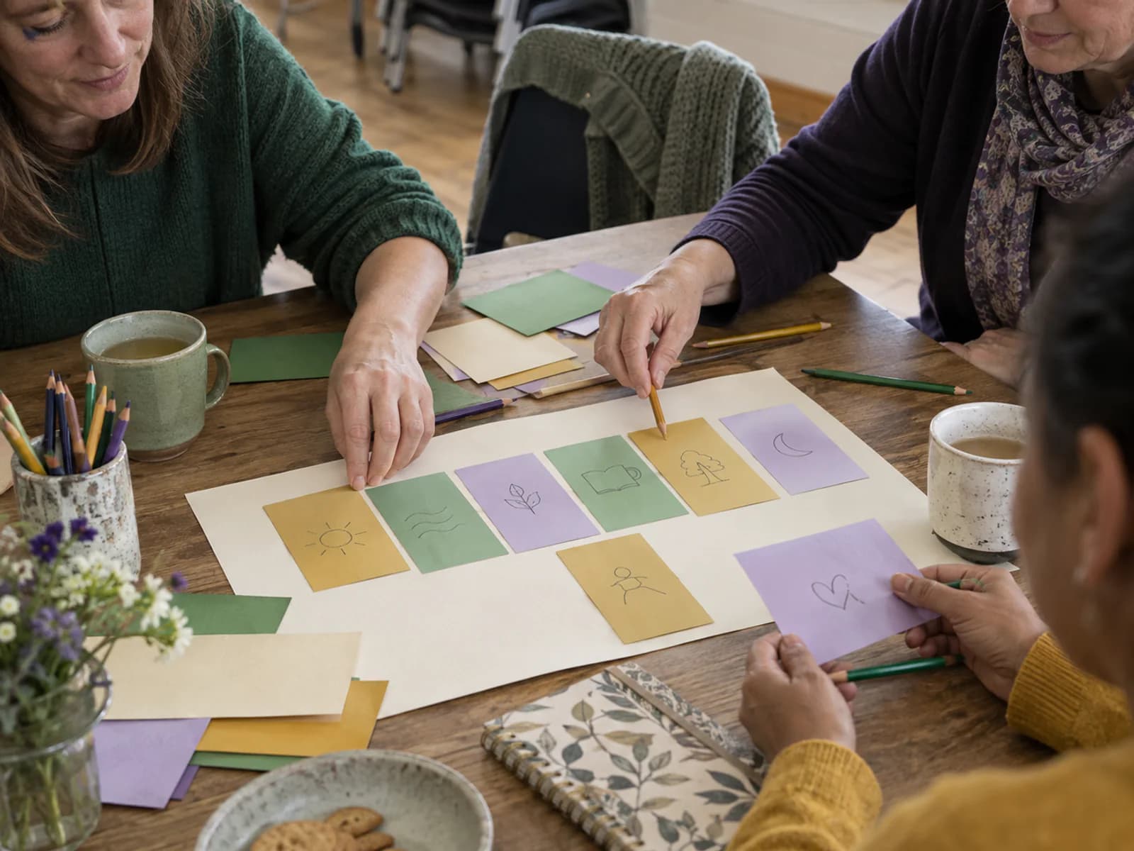 Participants arranging coloured cards during a practical wellbeing workshop